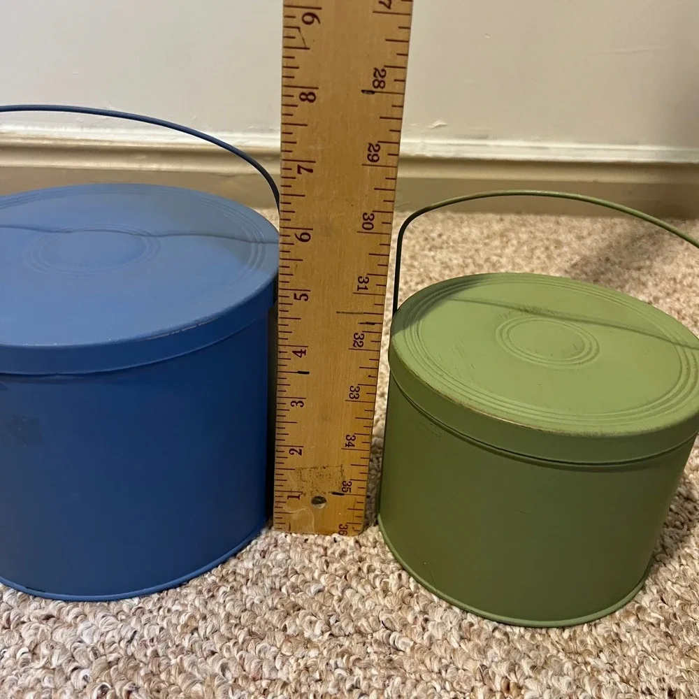 Vintage Style Metal Nesting Canisters Set of 2 Blue Green Farmhouse Tins Handles